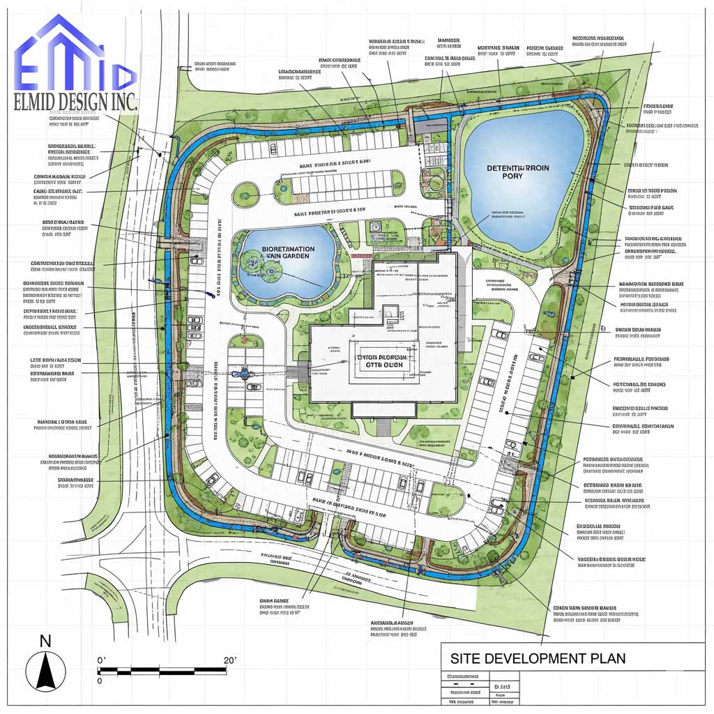 Stormwater management Clarington site development plan with detention ponds, green infrastructure, and sustainable drainage layout.
