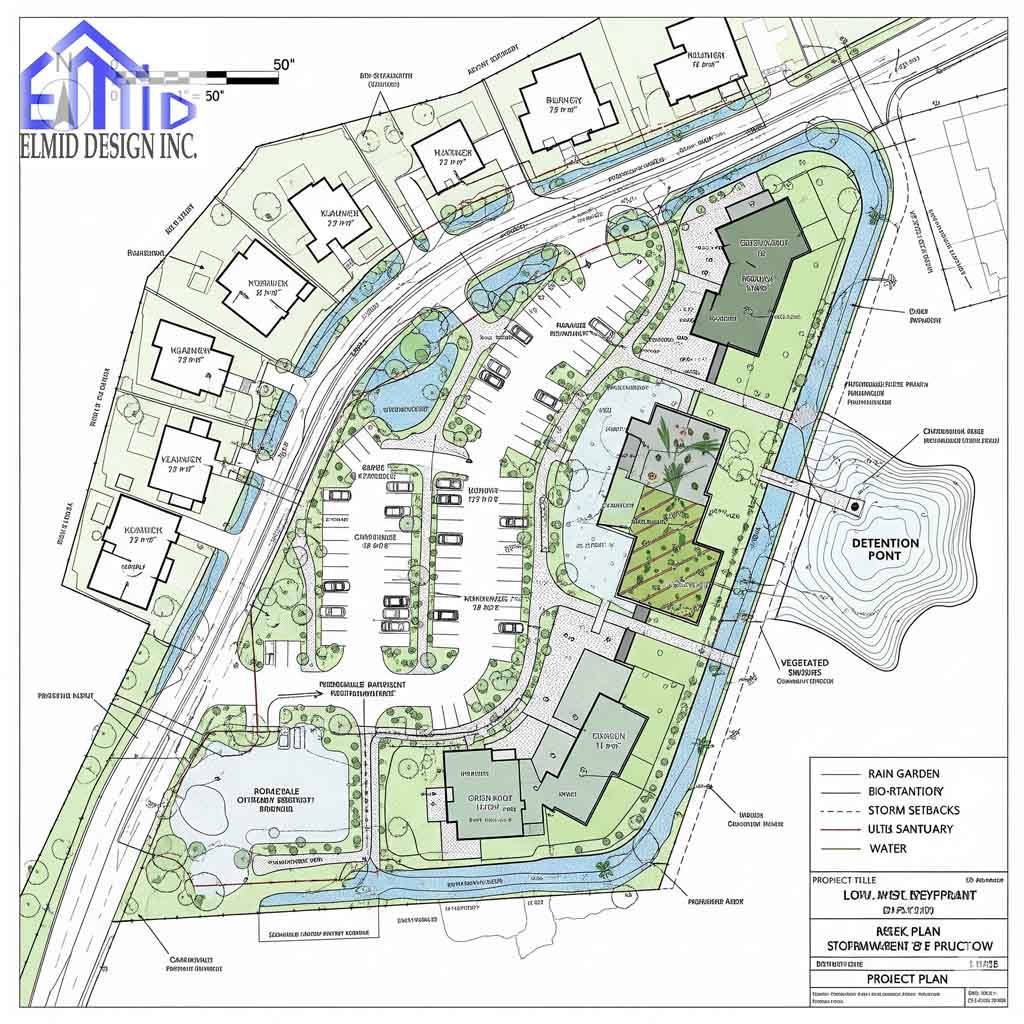 Site plan showing stormwater features in Innisfil, including rain gardens, detention pond, bios wales, and green infrastructure design.