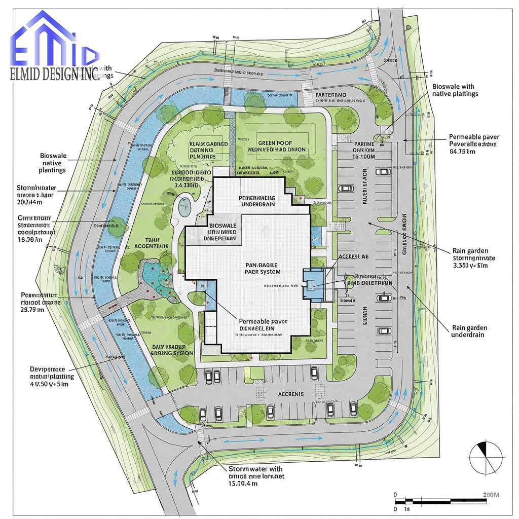 Site plan showing stormwater management features in Mississauga including bioswales, rain gardens, and permeable paving.