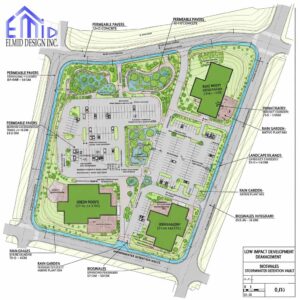 Stormwater management Ontario site plan showing low impact development with bioswales, rain gardens, green roofs, and permeable pavements.