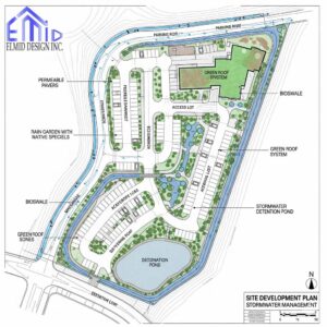 Site plan of stormwater management in Oshawa featuring bioswales, rain gardens, permeable pavers, and stormwater detention ponds.