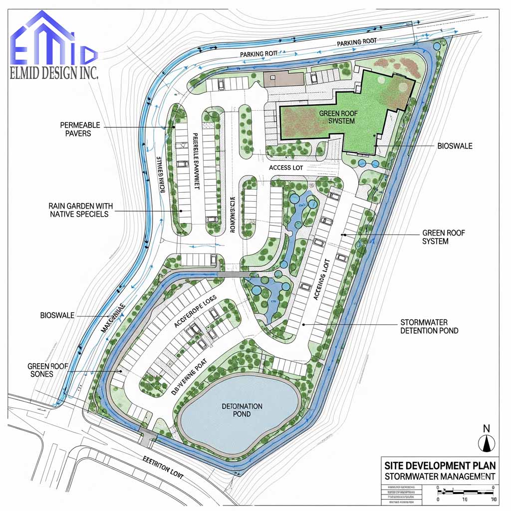 Site plan of stormwater management in Oshawa featuring bioswales, rain gardens, permeable pavers, and stormwater detention ponds.