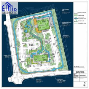 Site plan showing stormwater management features in Pickering, including rain gardens, bioswales, permeable paving, and green roof systems.