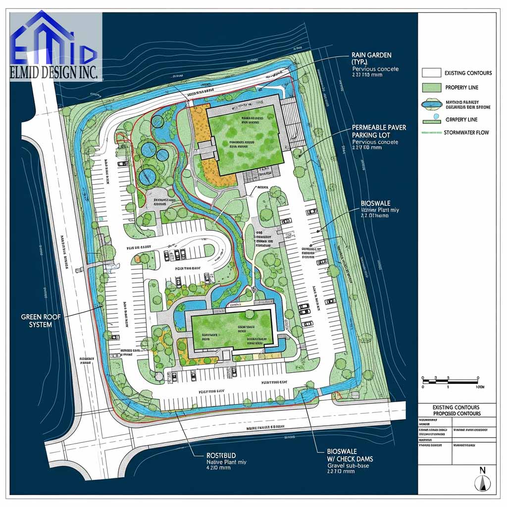 Site plan showing stormwater management features in Pickering, including rain gardens, bioswales, permeable paving, and green roof systems.