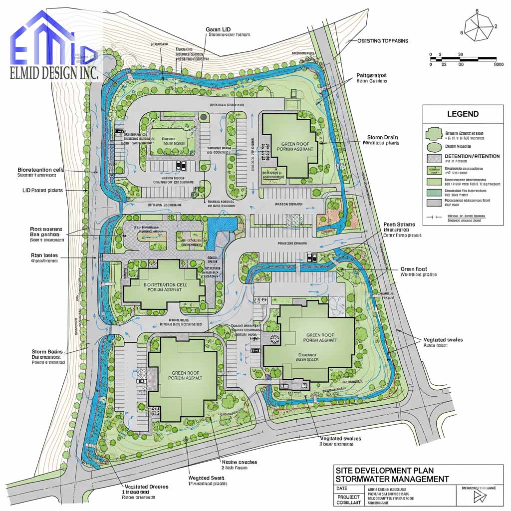 Site development plan showing stormwater management design and LID features in King City