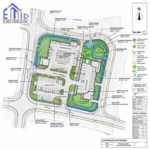 Stormwater management Whitby site plan showing green infrastructure, permeable pavement, and stormwater ponds for sustainable development.