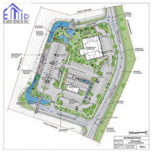 Site plan showing stormwater management Whitchurch-Stouffville with rain gardens, ponds, and drainage systems.