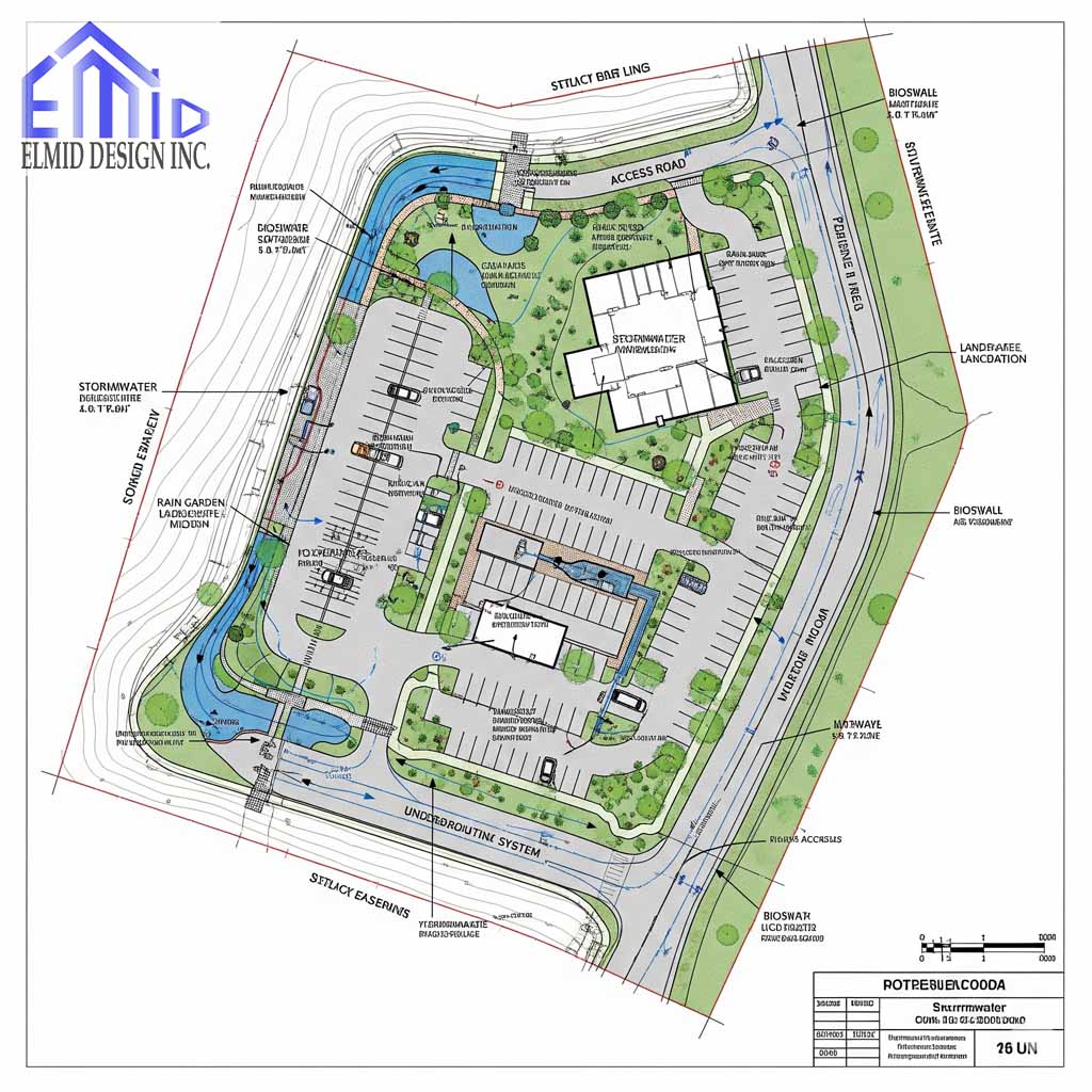 Site plan showing stormwater management Whitchurch-Stouffville with rain gardens, ponds, and drainage systems.