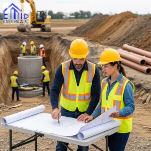 Civil engineering consultants in Whitby reviewing site blueprints while workers install drainage and utility systems at a construction site.