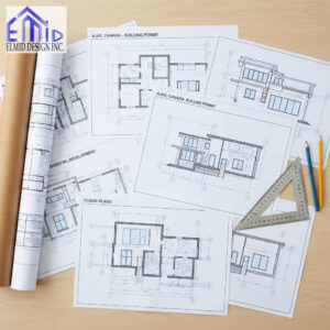 Architectural drawings and floor plans for an Ajax Building Permit prepared by Elmid Design Inc, certified engineers in Ontario.