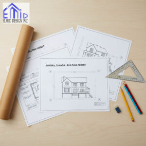 Architectural blueprints and Aurora Building Permit plans prepared by Elmid Design Inc for residential construction approval in Aurora, Ontario.