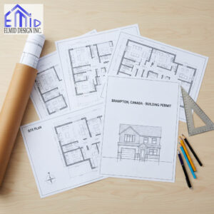 Architectural plans and building permit documents for a residential project in Brampton, prepared by Elmid Design Inc for Ontario Building Code compliance.