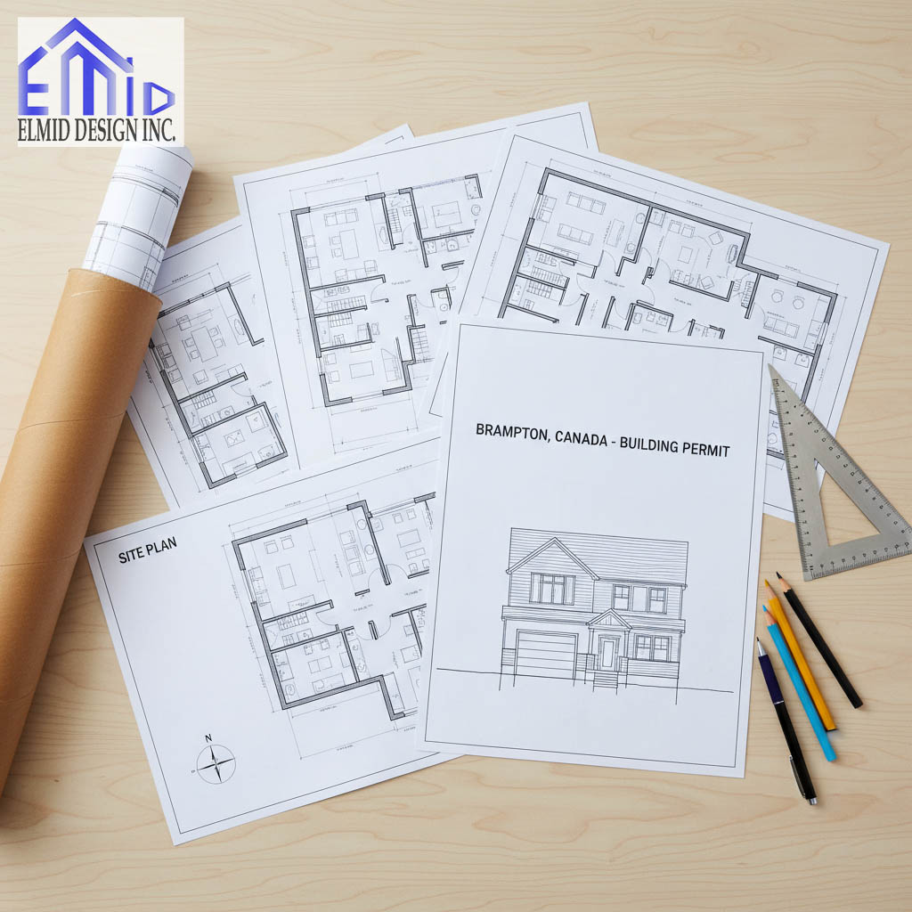 Architectural plans and building permit documents for a residential project in Brampton, prepared by Elmid Design Inc for Ontario Building Code compliance.