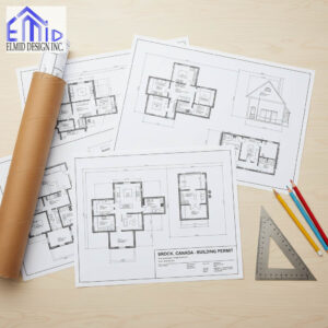 Architectural drawings and building permit plans for a residential project in Brock, Ontario, prepared by Elmid Design Inc for permit approval.
