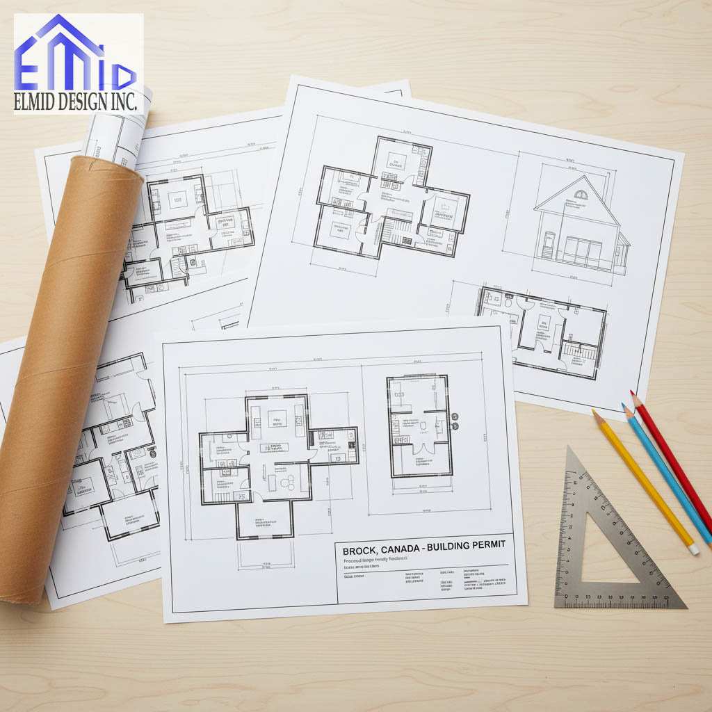Architectural drawings and building permit plans for a residential project in Brock, Ontario, prepared by Elmid Design Inc for permit approval.
