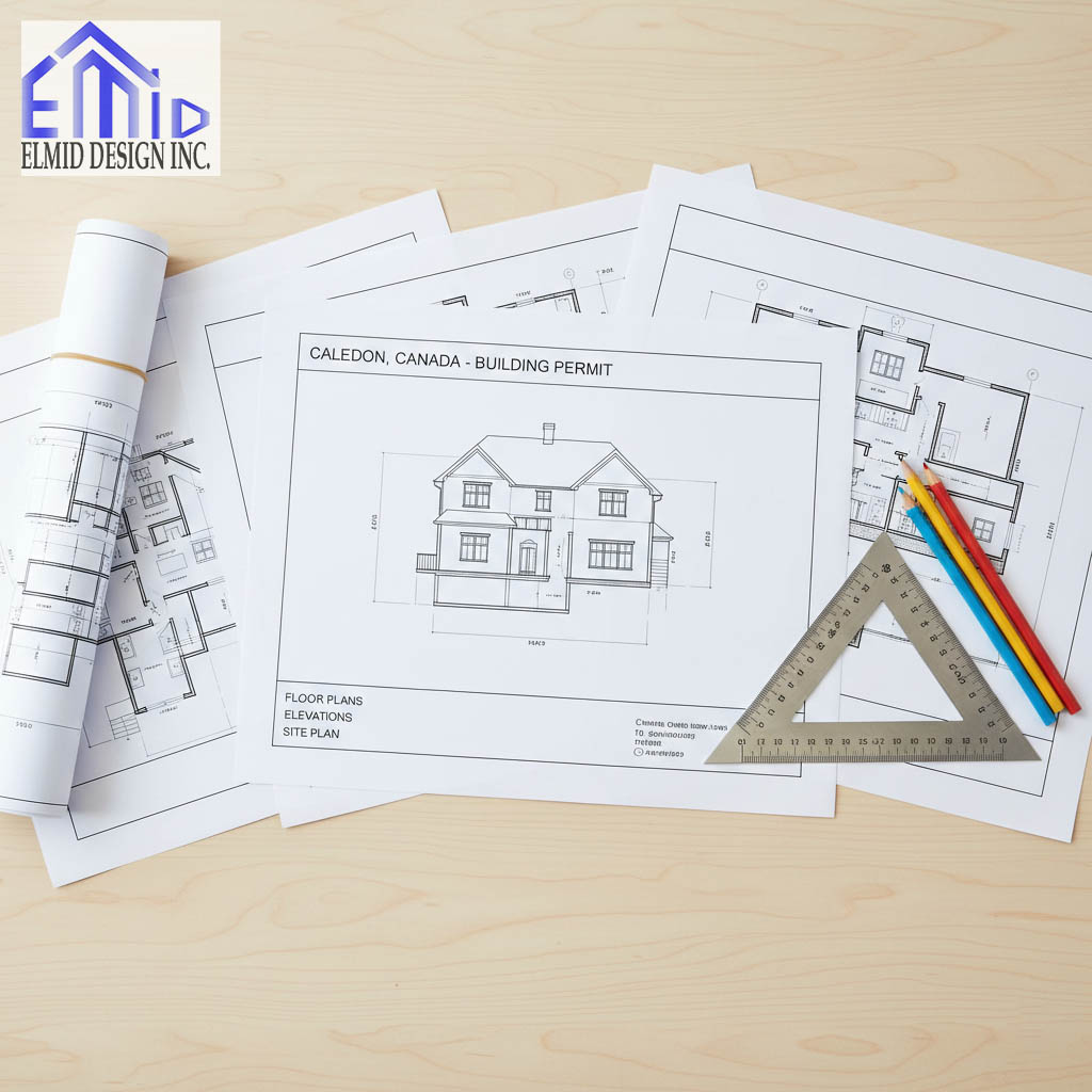 Architectural and structural drawings for a Caledon Building Permit prepared by Elmid Design Inc, showing residential floor plans and elevations.