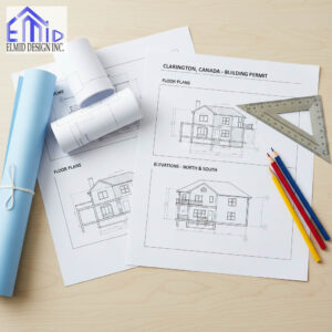 Architectural drawings and blueprints for a Clarington building permit prepared by Elmid Design Inc, showing residential floor plans and elevations on a drafting table.