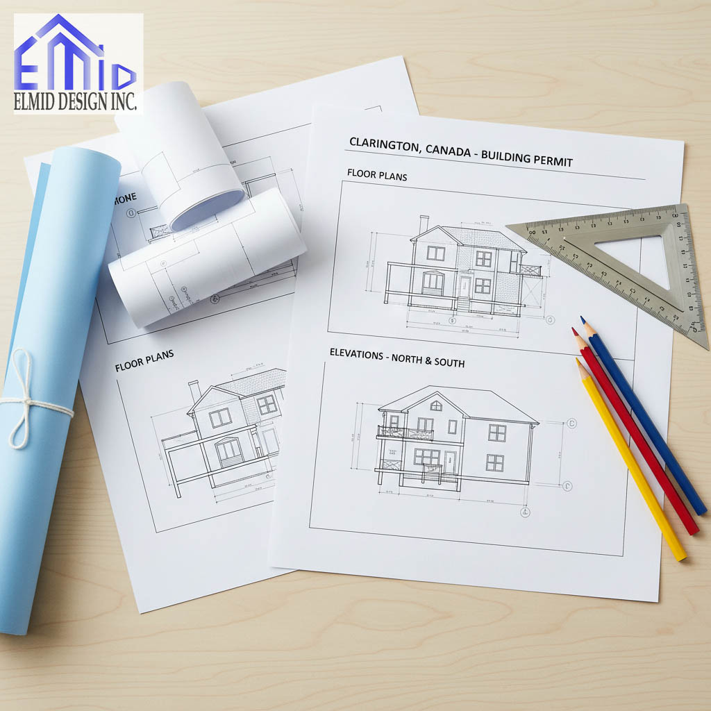 Architectural drawings and blueprints for a Clarington building permit prepared by Elmid Design Inc, showing residential floor plans and elevations on a drafting table.