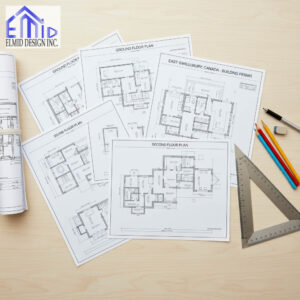 Architectural blueprints for an East Gwillimbury building permit project prepared by Elmid Design Inc engineering firm in Ontario.