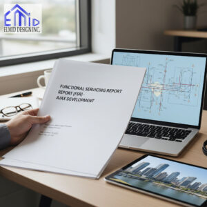 engineer reviewing functional servicing report for Ajax development with site servicing plans prepared by Elmid Design Inc