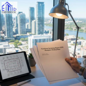 Engineer reviewing a Functional Servicing Report for Brampton development at Elmid Design Inc office with city skyline in the background.