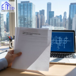 Engineer reviewing the Functional Servicing Report for Brock Development with city skyline and technical drawings in the background, representing municipal infrastructure planning and design by Elmid Design Inc.