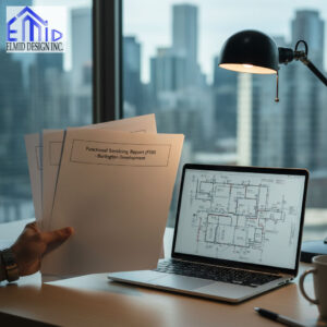 Engineer reviewing Functional Servicing Report Burlington documents beside laptop with infrastructure design plans prepared by Elmid Design Inc.