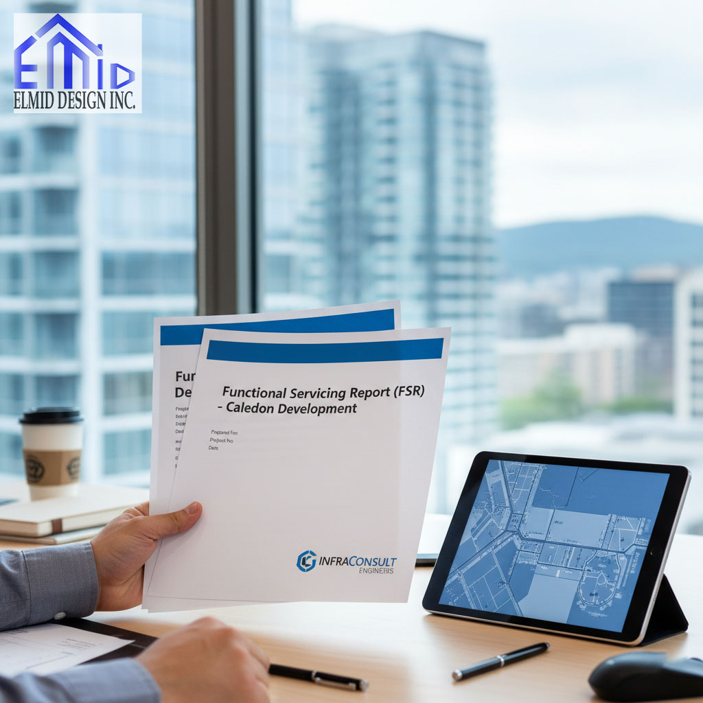 Engineer reviewing a Functional Servicing Report for a Caledon building project, showing infrastructure plans and design documents prepared by Elmid Design Inc.