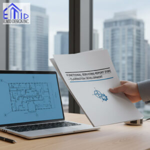 Engineer reviewing a Functional Servicing Report for a Clarington development prepared by Elmid Design Inc, showing municipal infrastructure plans on a laptop in a modern office setting.