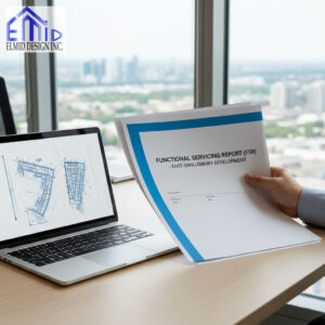Engineer reviewing Functional Servicing Report East Gwillimbury documents beside laptop showing infrastructure design plans prepared by Elmid Design Inc.
