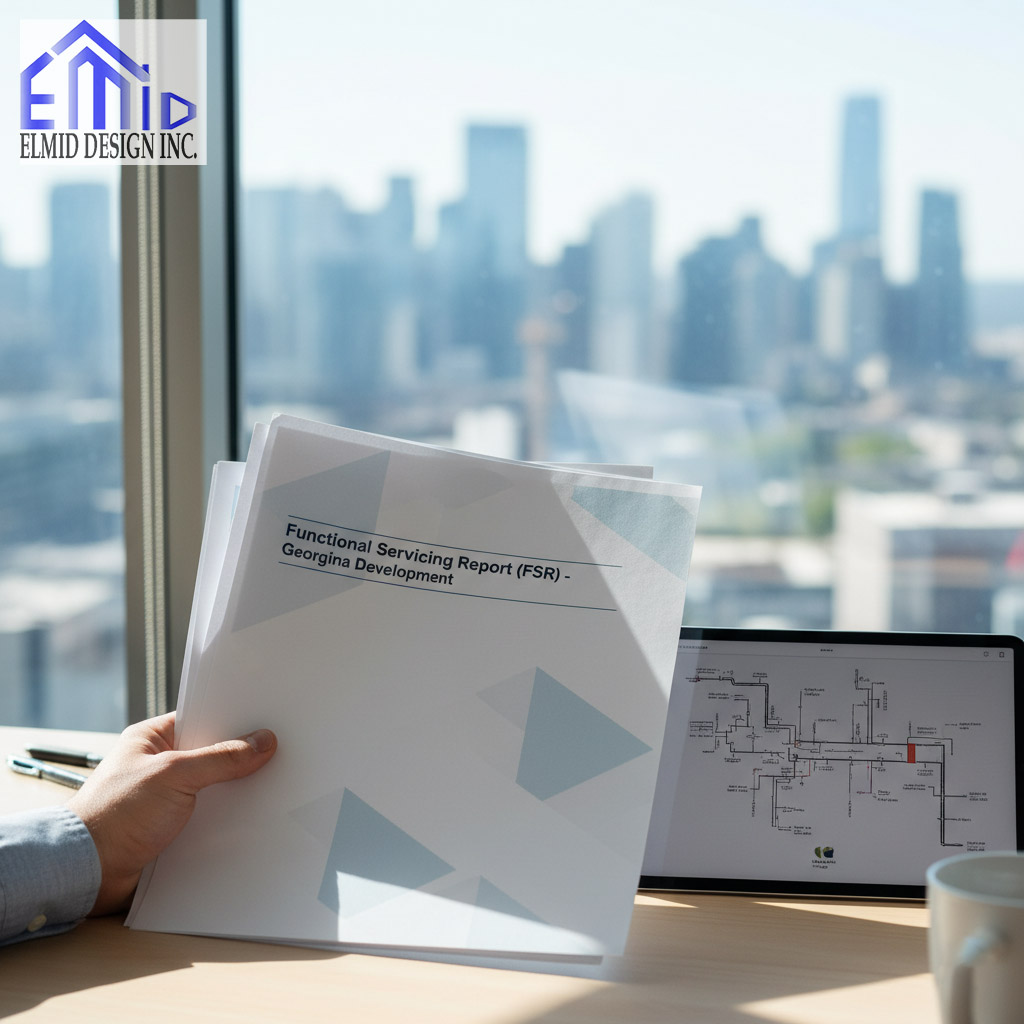 Engineer reviewing a Functional Servicing Report for Georgina development prepared by Elmid Design Inc, with city skyline and infrastructure plans in the background.