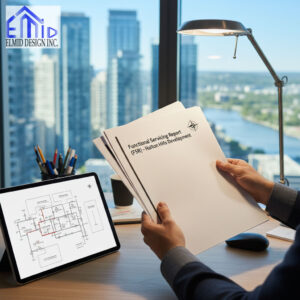 Engineer reviewing Functional Servicing Report Halton Hills for municipal development prepared by Elmid Design Inc in a modern office setting.