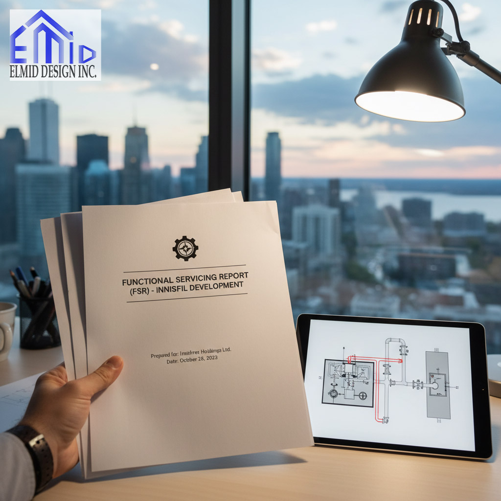 Engineer reviewing a Functional Servicing Report for an Innisfil development project with design drawings on a tablet, representing municipal engineering and infrastructure planning by Elmid Design Inc.