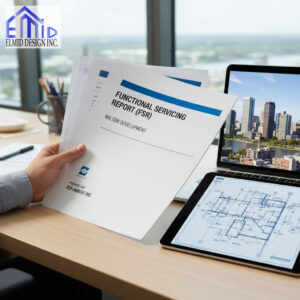 Engineer reviewing Functional Servicing Report Milton with development plans and city layout by Elmid Design Inc