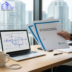 Engineer reviewing a Functional Servicing Report for a Mississauga development project with infrastructure drawings on a laptop, representing municipal servicing design by Elmid Design Inc.