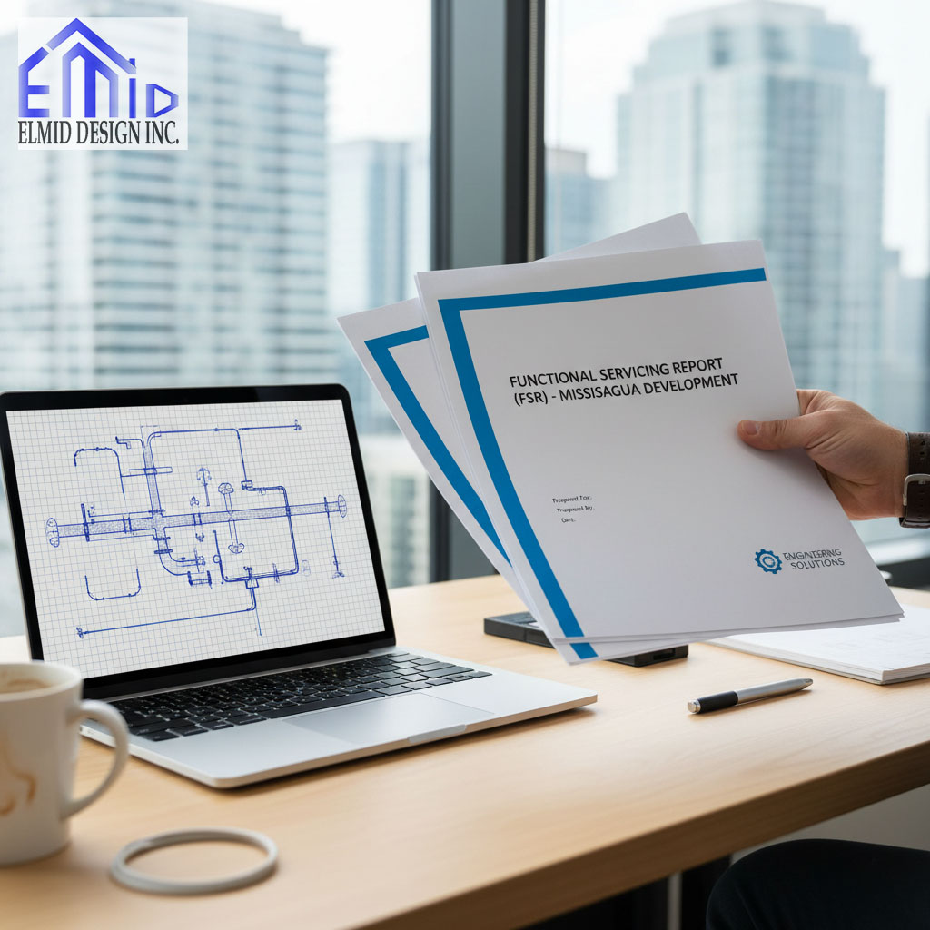 Engineer reviewing a Functional Servicing Report for a Mississauga development project with infrastructure drawings on a laptop, representing municipal servicing design by Elmid Design Inc.