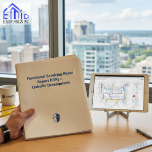 Engineer reviewing Functional Servicing Report Oakville with infrastructure plans prepared by Elmid Design Inc