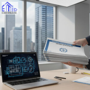 Engineer reviewing Functional Servicing Report Ontario documents and digital infrastructure plans at Elmid Design Inc office.