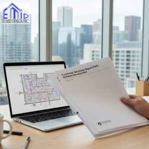 Engineer reviewing a Functional Servicing Report for Oshawa development at Elmid Design Inc office with city buildings in the background.