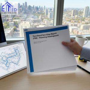 Engineer reviewing Functional Servicing Report Pickering for municipal development prepared by Elmid Design Inc in an office overlooking the city skyline.