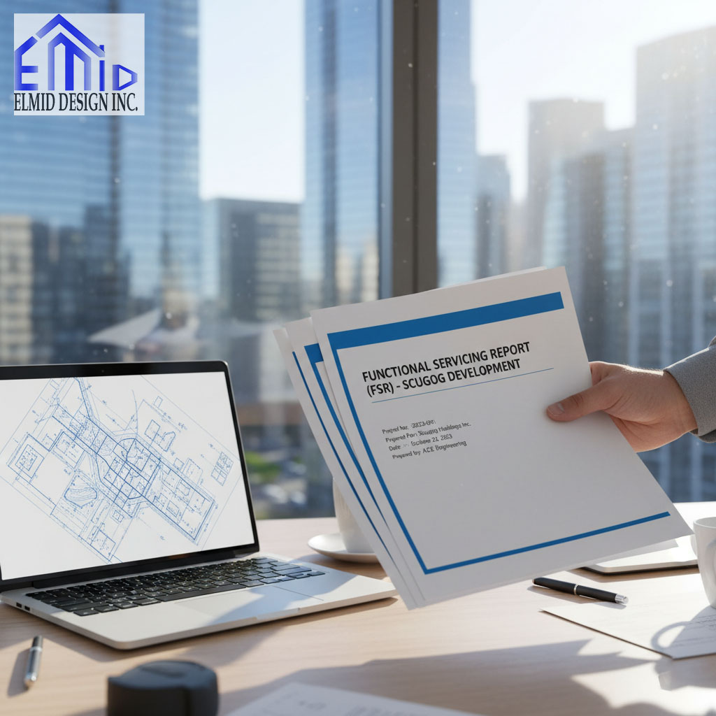 Engineer reviewing the Functional Servicing Report for Scugog Development with blueprints on a laptop, representing municipal infrastructure planning and design by Elmid Design Inc.