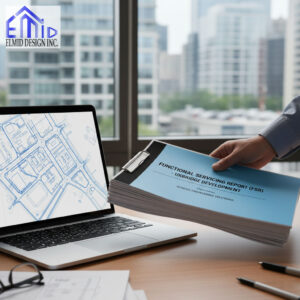 Engineer reviewing Functional Servicing Report for Uxbridge development with site servicing plans on laptop, prepared by Elmid Design Inc.