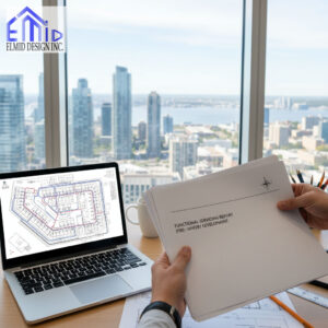 Engineer reviewing a Functional Servicing Report for a Whitby development project with site servicing plans displayed on a laptop, representing Elmid Design Inc’s municipal engineering services in Ontario.