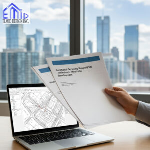 Engineer reviewing Functional Servicing Report for Whitchurch-Stouffville development with site servicing plans on laptop, prepared by Elmid Design Inc.