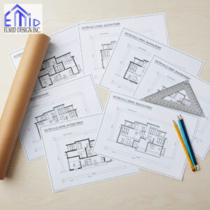 Architectural blueprints and floor plans for a Halton Hills Building Permit prepared by Elmid Design Inc, certified engineers in Ontario.