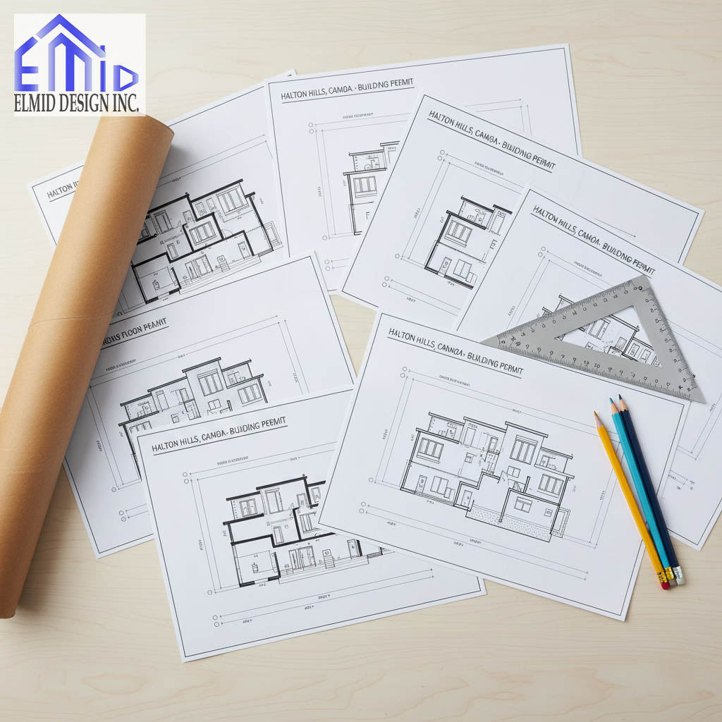 Architectural blueprints and floor plans for a Halton Hills Building Permit prepared by Elmid Design Inc, certified engineers in Ontario.