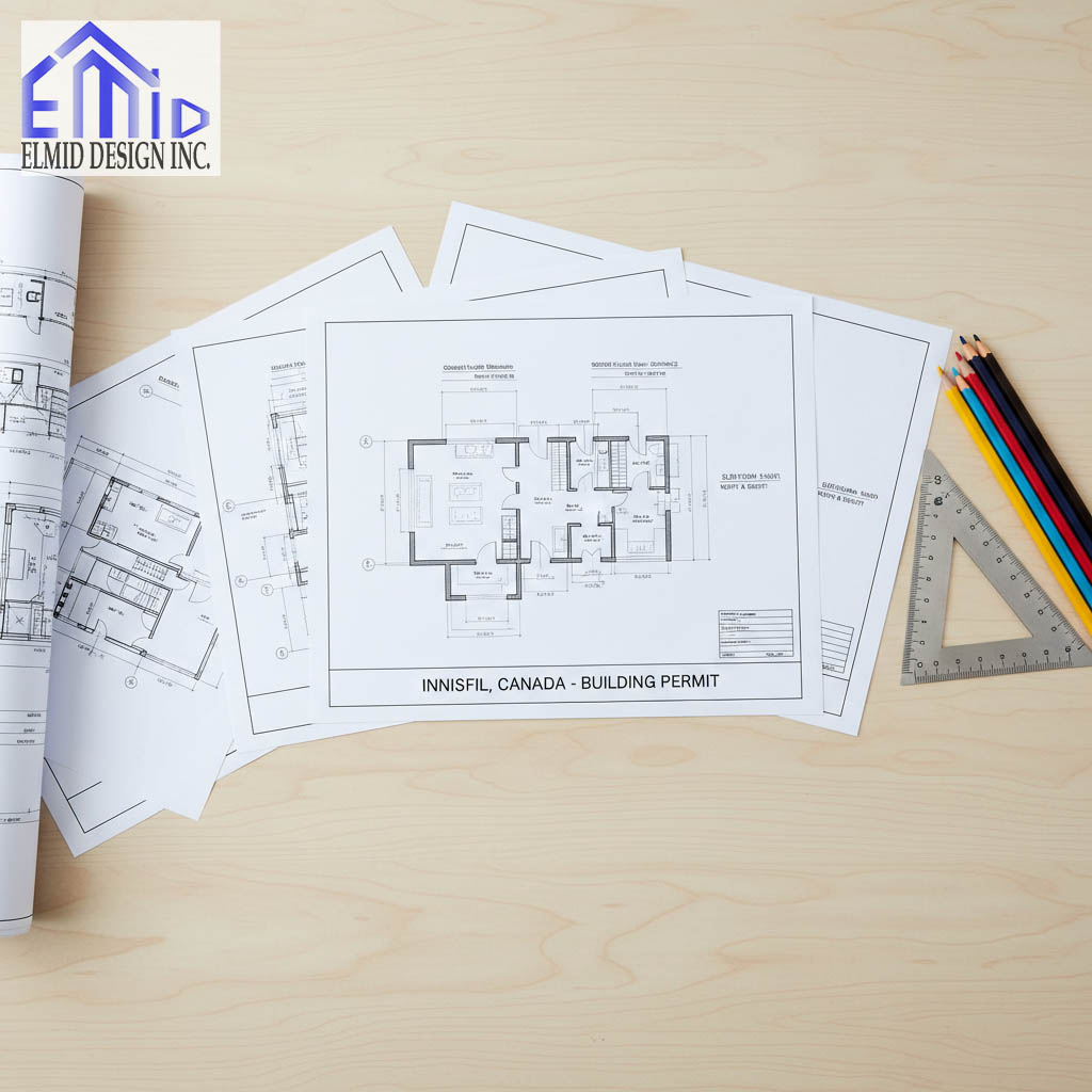 Architectural drawings for an Innisfil Building Permit project prepared by Elmid Design Inc showing residential floor plans and design layout.