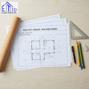 Architectural drawings labeled “King City, Canada – Building Permit” on a desk with pencils, ruler, and rolled plans, representing the building permit application process in King City, Ontario.