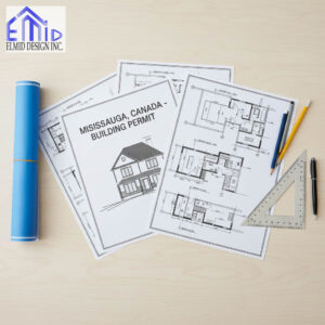Architectural drawings and building permit plans for a residential project in Mississauga, prepared by Elmid Design Inc for Ontario Building Code compliance.
