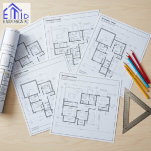 Architectural blueprints and design plans for a Newmarket Building Permit project prepared by Elmid Design Inc for residential construction approval.